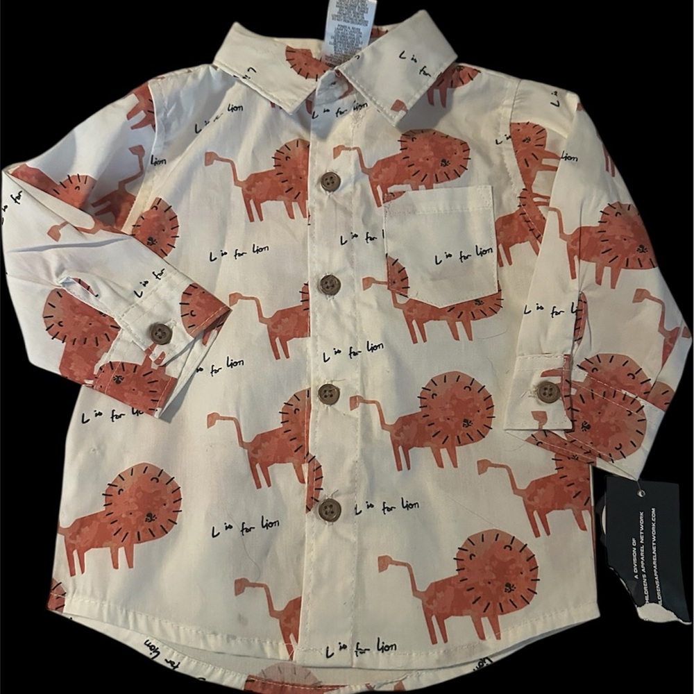 Playful Lion Print Kids Button Down Shirt - Cream and Brown